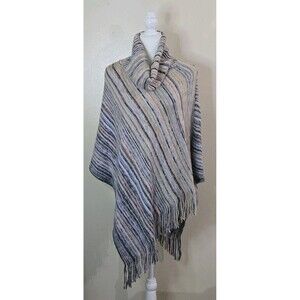 Coco + Carmen Knit Fringe Poncho Multicolor Striped Asymmetrical Boho One Size
